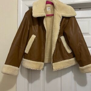 GAP Brown Faux Shearling Moto Jacket with Cream Plush Trim